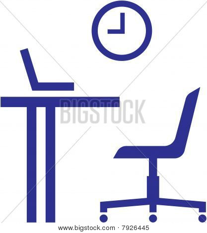 Kancelářský nábytek - stůl, židle, notebook, kancelář hodinami. Pracoviště v kanceláři - jednoduché vektorové illus