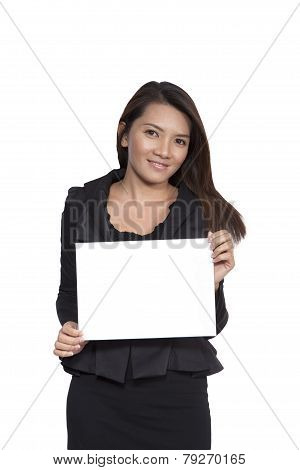 Young Asian Business Woman Attractive Brunetee Showing Blank Signboard