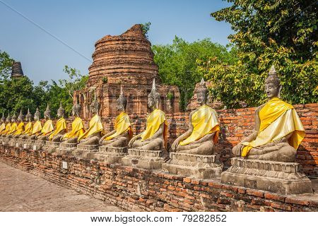 Aligned Buddha Statues At Wat Yai Chaimongkol Ayutthaya Bangkok Thailand
