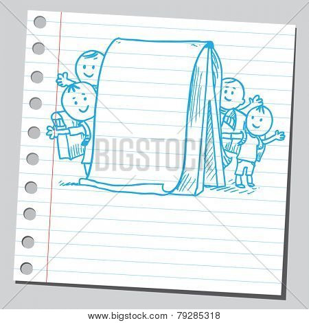 Schoolkids behind flip chart
