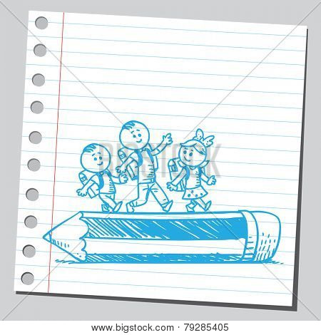 Happy schoolkids walking over wooden pencil