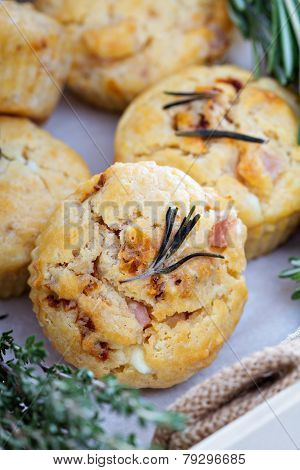 Savory muffins with herbs, tomatoes and ham