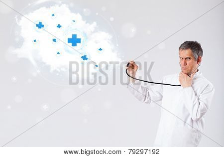 Proffesional doctor listening to abstract cloud with medical signs