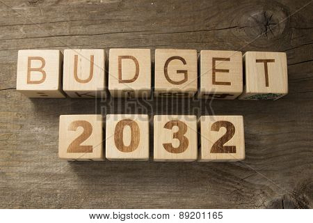 Budget for 2032 wooden, blocks on a wooden background