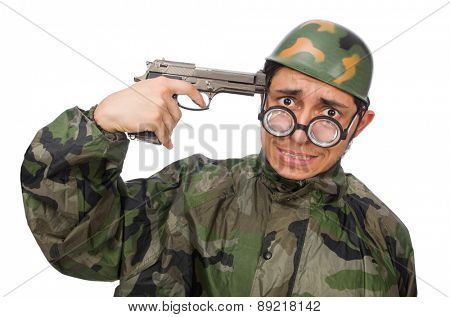Military man with a gun isolated on white