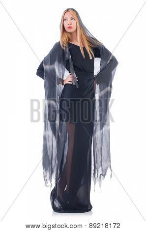 Young woman in black dress isolated on white