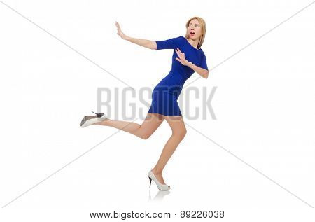 Beautiful lady in dark blue dress isolated on white