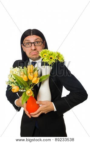 Handsome businessman with flower pot isolated on white