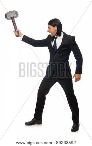 Handsome businessman holding hammer isolated on white