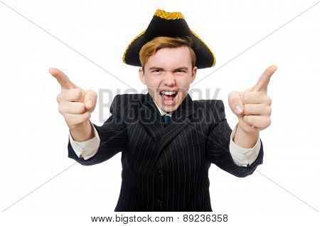 Young man in costume with pirate hat isolated on white