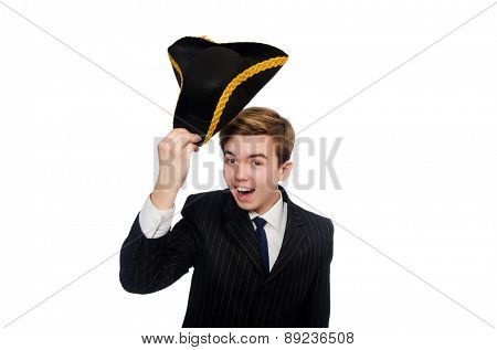 Young man in costume with pirate hat isolated on white