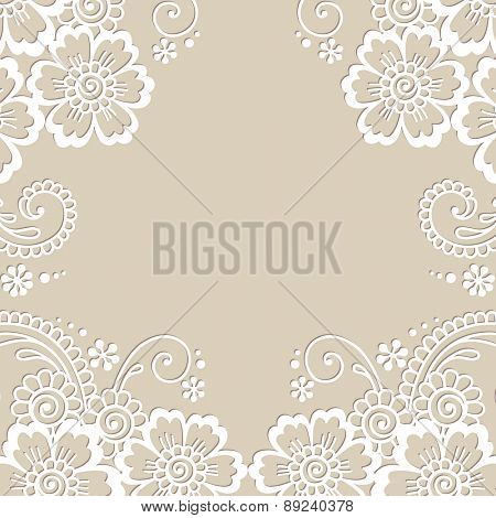 Flower vector ornament frame. White flower frame, lace ornament.