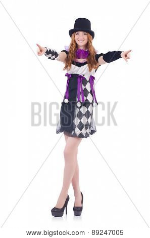 A girl in harlequin costume isolated on white