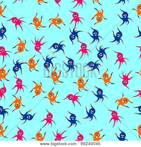 Blue Pattern With Cheerful Colorful Monsters