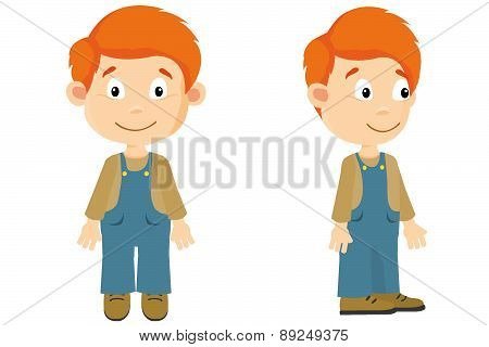 Redhaired boy front and side with overalls