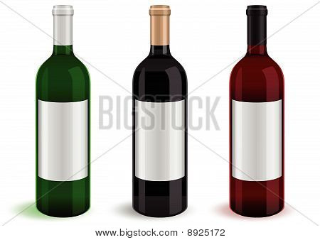 Ilustración de vector de tres botellas de vino realistas.