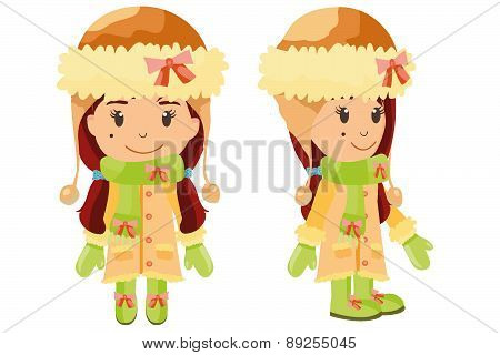 Girl front and side in beige winter clothes