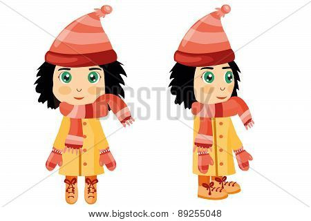 Black haired girl front and side in winter clothes