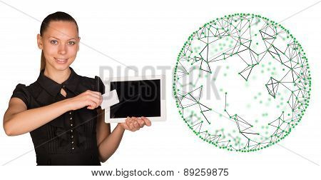 Young woman holging tablet and card