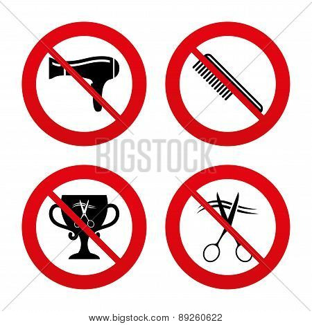 Hairdresser icons. Scissors cut hair symbol.