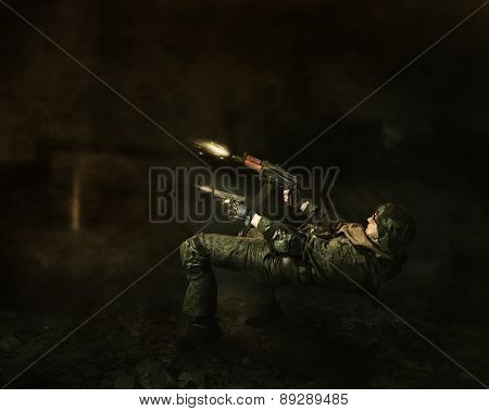 Military Man Warrior Shoots From Two Guns
