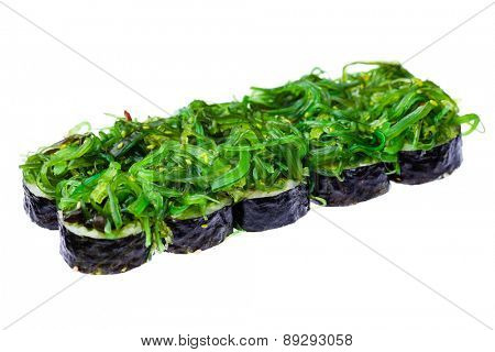 Vegetable roll with goma wakeme salad isolated on white background
