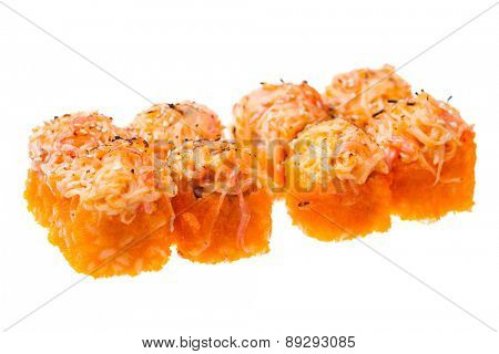 Salmon, snow crab, avocado, cucumber, masago and spicy sauce rolls isolated on white background