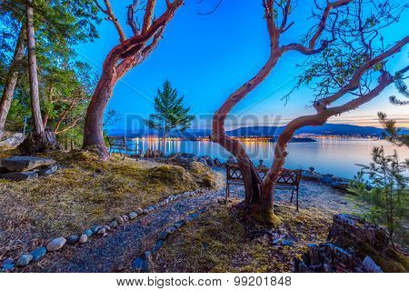 Tranquil sunset and evening illuminations of the beautiful town of Nanaimo on Pacific Ocean in Vancouver, Canada.