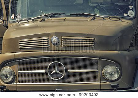 Sleza, Poland, August 15, 2015: Close Up Old And Vintage Mercedes Truck On Motorclassic Show On Augu