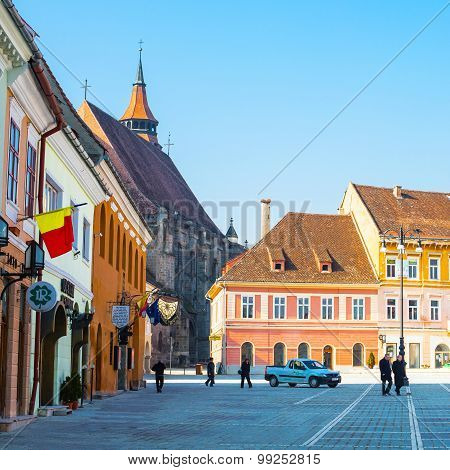 Council Square Piata Sfatului And Black Church In Downtown Of Brasov, Romania
