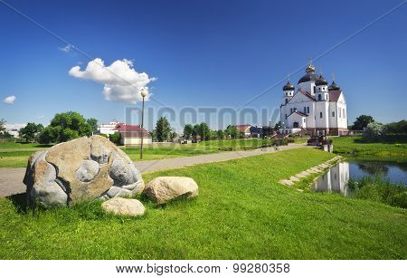 Orthodox Transfiguration Cathedral on the shore of Oksna river in Smorgon Belarus