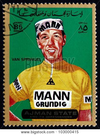 AJMAN - CIRCA 1972: a stamp printed in the Ajman shows Herman van Springel, is a Belgian Former Road Racing Cyclist, circa 1972