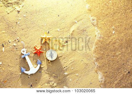 Beautiful sea composition on sand beach background