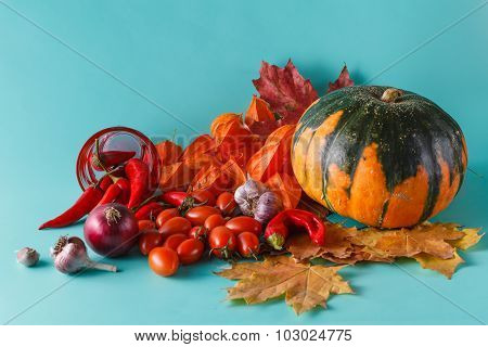Colored Pumpkin And Fchili On Aquamarine Shadowless Background