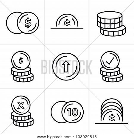 Line Icons Style  Coins Icons Set, Vector Design Black Color