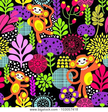 Cute monkey seamless texture with flowers.
