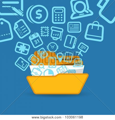 Modern business concept. Different icons flows to open folder
