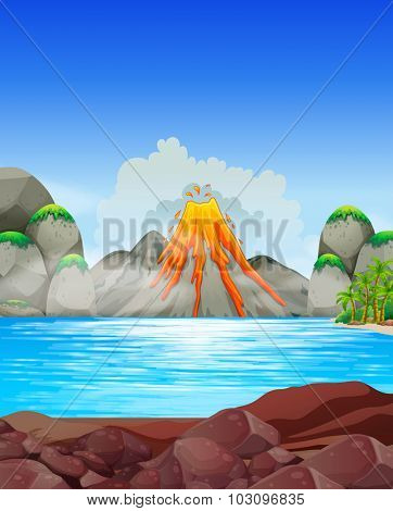Volcano eruption at the lake illustration
