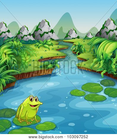 River scene with frog on leaf illustration