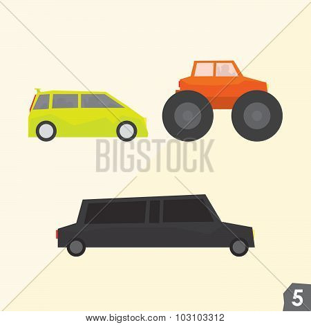 Family van, monster truck and limousine. Transportation vector set 5