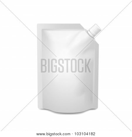 White blank doy-pack, doypack foil food or drink bag packaging with corner spout lid.