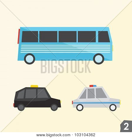 Blue bus, taxi cab, police car. Transportation vector set 2