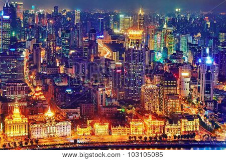 Beautiful View Of  Shanghai -  Bund Or Waitan Waterfront At Night.