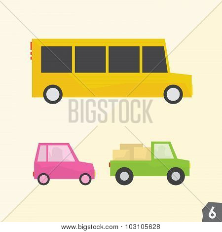 School bus, pink car and pickup truck. Transportation vector set 6