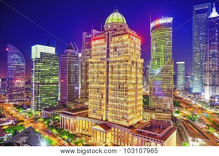 Shanghai, China - May 24, 2015: Beautiful And Office Skyscrapers,night View City Building Of Pudong,