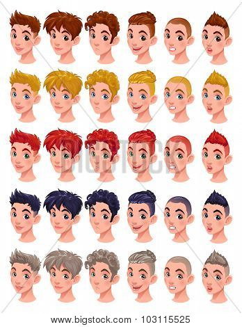 Avatar boys, vector isolated items. 6 hairstyles in 5 colors, 6 different mouths and 5 eye colors, in the vector file you can easily mix all these items.