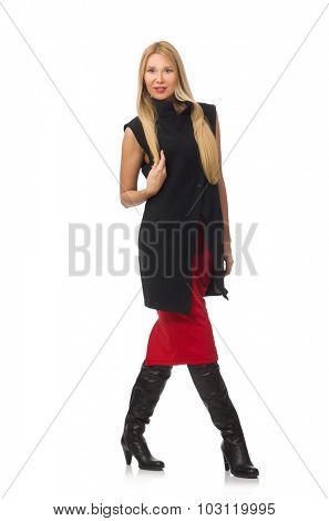 Pretty young girl in bordo skirt isolated on white