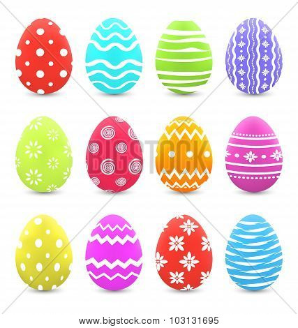 Easter set colorful ornate eggs with shadows isolated on white b