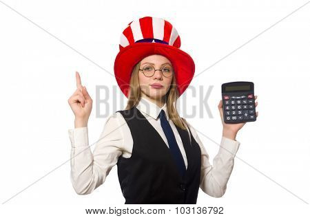 Woman with calculator isolated on white