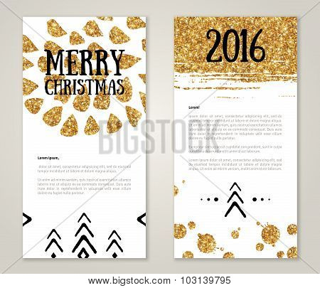 Cute New Year Greeting Cards with Gold Confetti Glitter Texture.